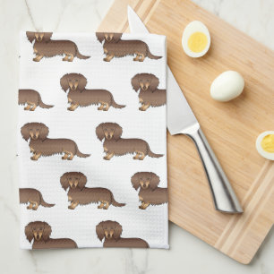 Chocolate & Tan Long Hair Dachshund Dog Pattern Tea Towel