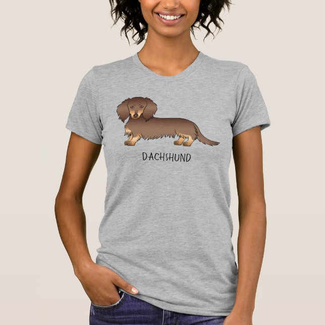 Chocolate & Tan Long Hair Dachshund Dog & Text T-Shirt (Front)