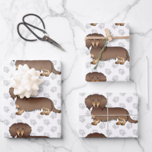 Chocolate & Tan Long Hair Dachshund Pattern & Paws Wrapping Paper Sheet