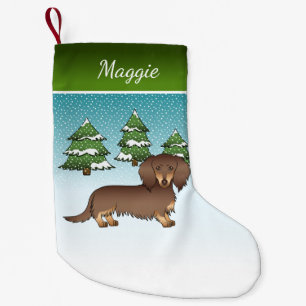 Chocolate & Tan Long Hair Dachshund Winter Forest Small Christmas Stocking