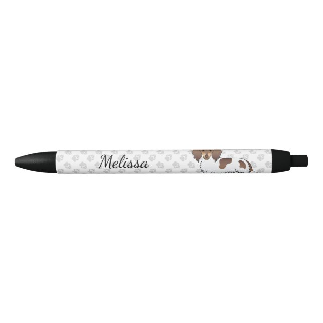 Chocolate & Tan Piebald Long Hair Dachshund & Name Black Ink Pen (Front)