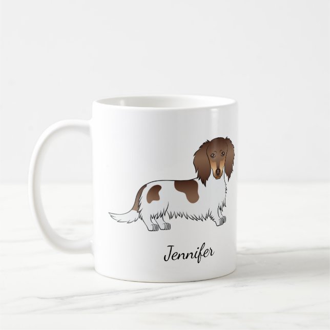 Chocolate & Tan Piebald Long Hair Dachshund & Name Coffee Mug (Left)