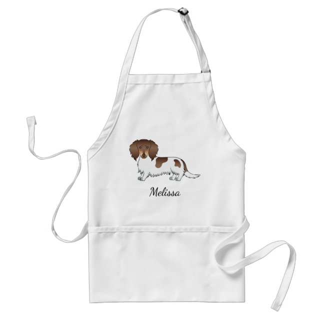 Chocolate & Tan Piebald Long Hair Dachshund & Name Standard Apron (Front)