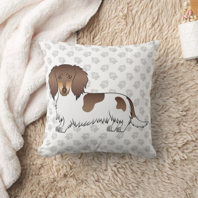 Chocolate & Tan Piebald Long Hair Dachshund & Paws Cushion (Blanket)