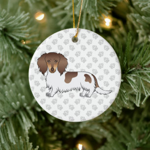 Chocolate & Tan Piebald Long Hair Dachshund & Text Ceramic Ornament