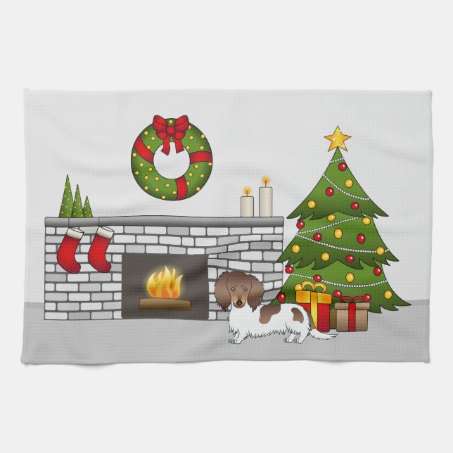 Chocolate & Tan Pied Long Hair Dachshund Christmas Tea Towel (Horizontal)