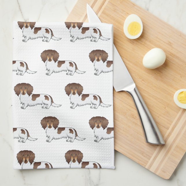 Chocolate & Tan Pied Long Hair Dachshund Pattern Tea Towel (Quarter Fold)