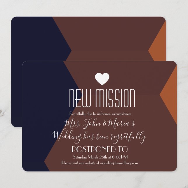 Chocolate Terracotta New Mission Postponement Invitation (Front/Back)