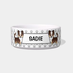 Chocolate Tricolor Long Coat Chihuahua Dog & Name Bowl