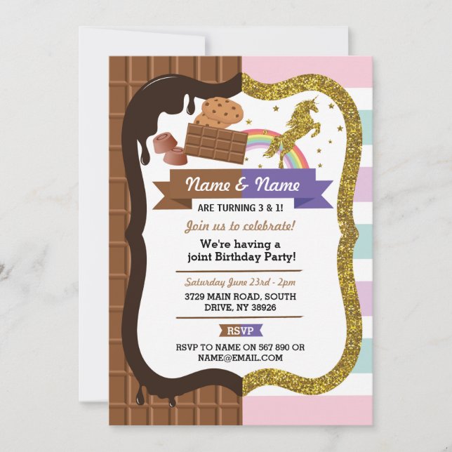 Chocolate & Unicorn ANY AGE birthday Joint Party Invitation (Front)