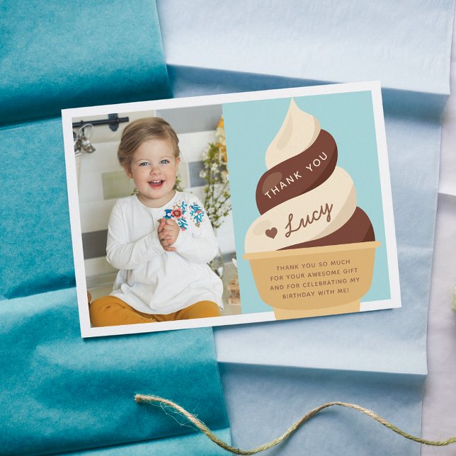 Chocolate Vanilla Ice Cream Kids Birthday Photo Thank You Card (Creator Uploaded)