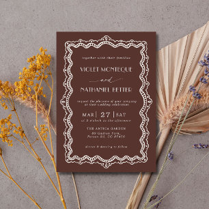 Chocolate White Lace Old Money Elegant Wedding Invitation