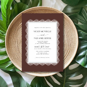 Chocolate & White Lace Old Money Romantic Wedding Invitation