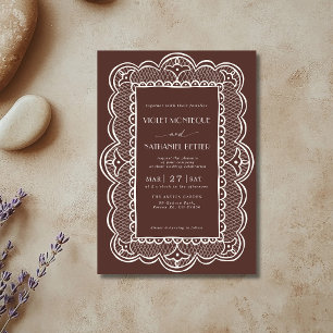 Chocolate & White Lace Old Money Rustic Wedding Invitation