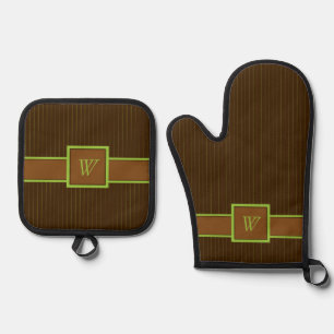 Chocolate with Lime Pinstripes Oven Mitt & Pot Holder Set
