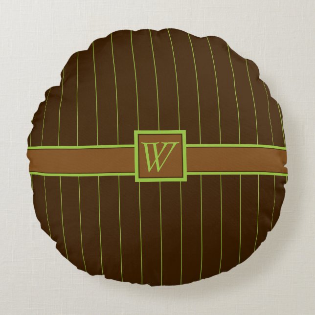 Chocolate with Lime Pinstripes Round Pillow (Front)