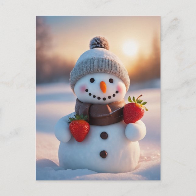 chocolates and strawberry snowman holiday postcard (Front)