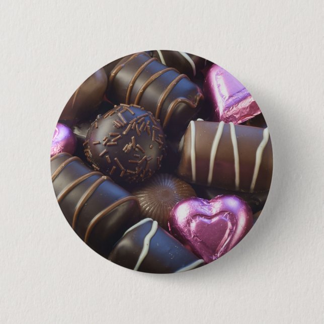 chocolates with pink foil 6 cm round badge (Front)