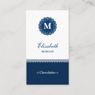 Chocolatier Elegant Blue Lace Monogram Business Card