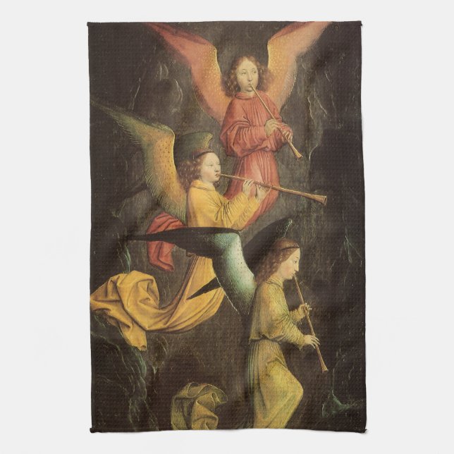 Choir of Angels by Simon Marmion, Renaissance Art Tea Towel (Vertical)
