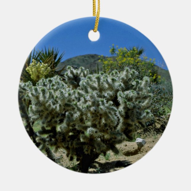 Cholla Cactus And Flowering Yucca flowers Ceramic Tree Decoration (Front)