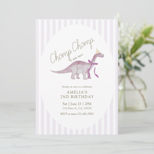Chomp Chomp I’m Two Dinosaur Birthday Invitation (Standing Front)