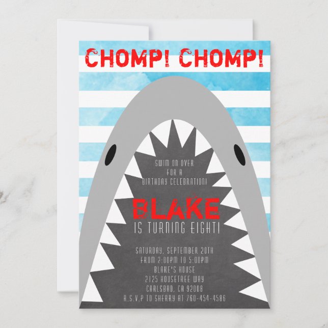 Chomp Chomp Shark Theme Birthday Boy striped Jaws Invitation (Front)
