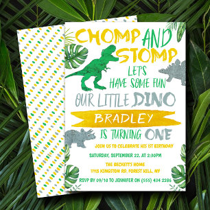 Chomp & Stomp! Dinosaur Boys 1st Birthday Invitation