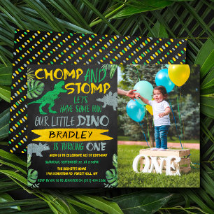 Chomp & Stomp! Dinosaur Boys 1st Birthday Photo Invitation