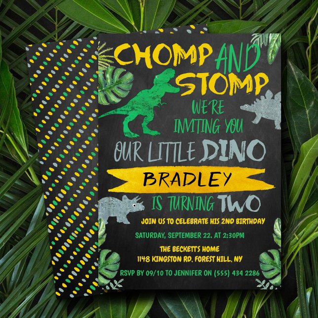 Chomp & Stomp! Dinosaur Boys 2nd Birthday Invitation (Creator Uploaded)
