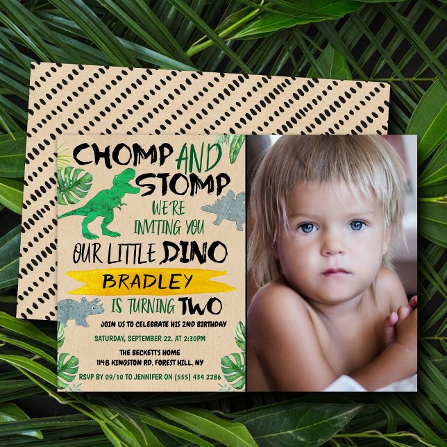 Chomp & Stomp! Dinosaur Boys 2nd Birthday Photo Invitation (Creator Uploaded)