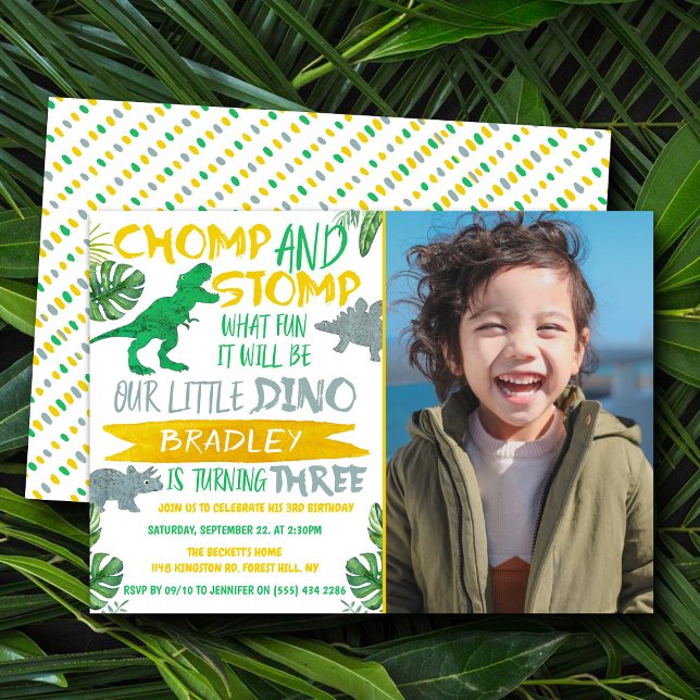 Chomp & Stomp! Dinosaur Boys 3rd Birthday Photo Invitation (Creator Uploaded)