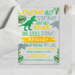 Chomp & Stomp! Dinosaur Boys 4th Birthday Acrylic Invitations