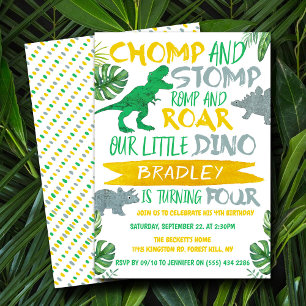 Chomp & Stomp! Dinosaur Boys 4th Birthday Invitation