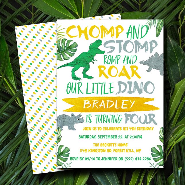 Chomp & Stomp! Dinosaur Boys 4th Birthday Invitation (Creator Uploaded)