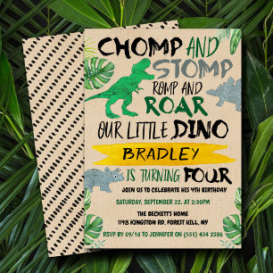 Chomp & Stomp! Dinosaur Boys 4th Birthday Invitation