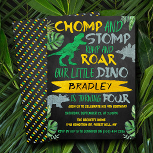 Chomp & Stomp! Dinosaur Boys 4th Birthday Invitation