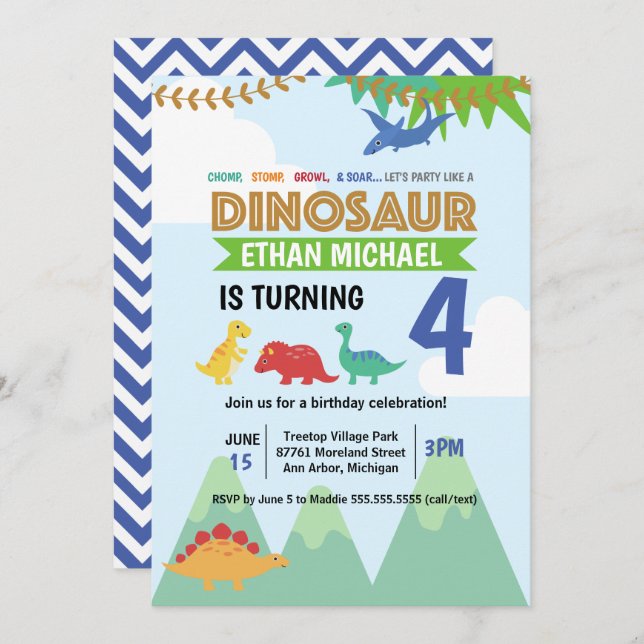 Chomp Stomp Growl Kids (Any Age) Dinosaur Birthday Invitation (Front/Back)