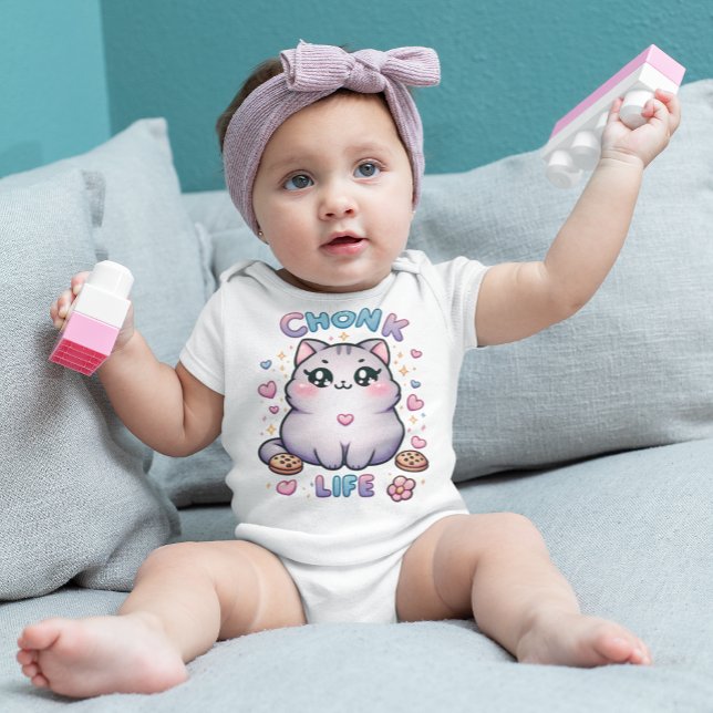 CHONK LIFE CAT - Kawaii Style Cat Design Baby Bodysuit (chonk, chonky, chonky cat, kawaii, cute, cookies, chocolate chip cookies, pin, pink, kitty, kitteh)