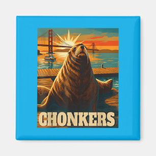 Chonkers Funny Sea Lion Retro Beach Vacation Magnet