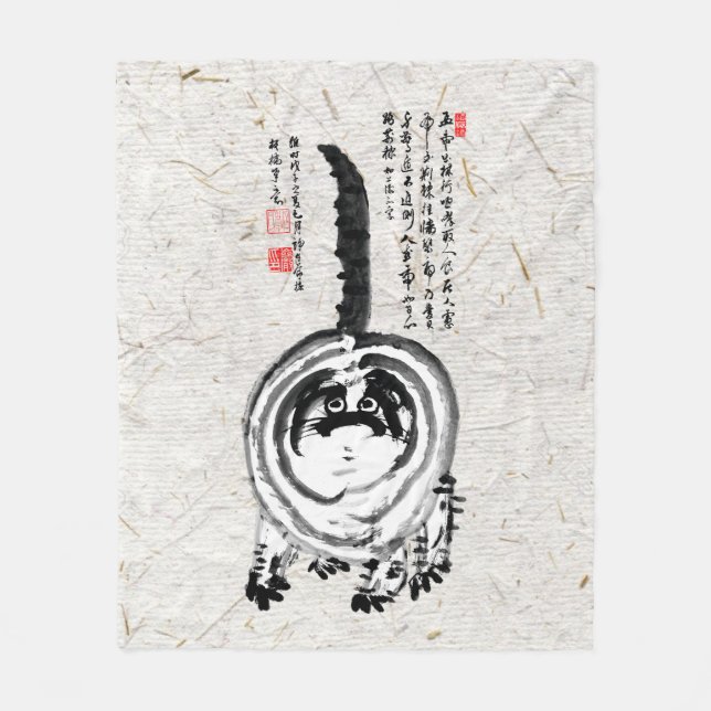 Chonky Striped Japanese Tabby Cat Fleece Blanket (Front)