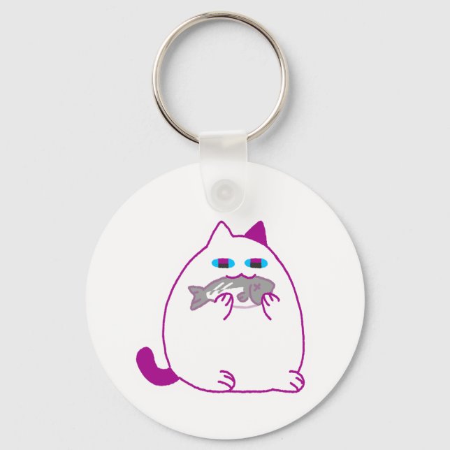 Chonky White Cat with a Fish Key Ring (Front)