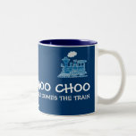 "Choo Choo here comes the train" blue mug<br><div class="desc">Fun blue steam locomotive train mug perfect for a young train enthusiast,  model train builder or trainspotter. Mug illustrated and designed exclusively by Sarah Trett.</div>
