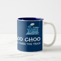 "Choo Choo here comes the train" blue mug