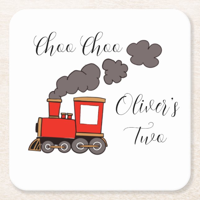 Choo Choo I’m Two red train birthday Square Paper Coaster (Front)