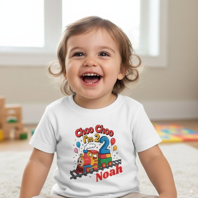 Choo Choo I'm 2! Personalised Train Birthday  Baby T-Shirt (Creator Uploaded)