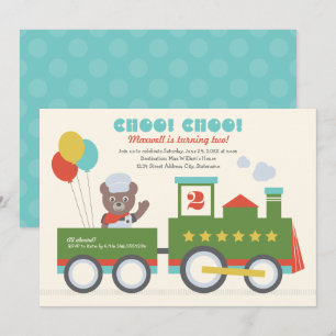 Choo Choo Train Aqua Bear Conductor Birthday Party Invitation