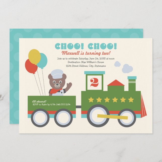 Choo Choo Train Aqua Bear Conductor Birthday Party Invitation (Front/Back)