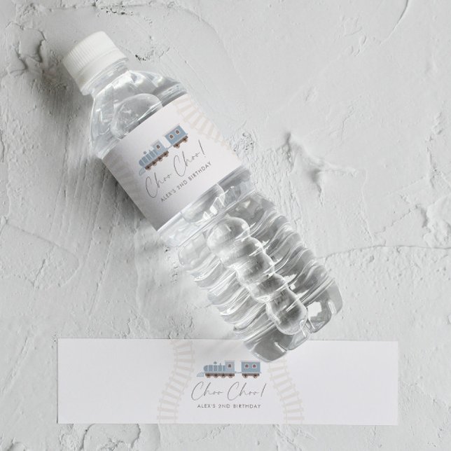 Choo Choo Train Boys Blue Birthday Party Water Bottle Label (Creator Uploaded)