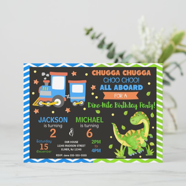 Choo Choo Train & Dinosaur Joint Birthday Invitation (Standing Front)